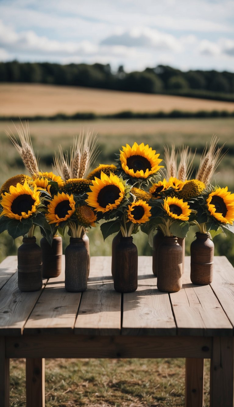 A wooden table with ten rustic flower arrangements, combining sunflowers and wheat, set against a backdrop of a countryside landscape