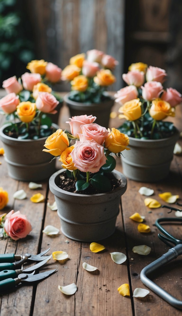 A wooden table with 10 vintage rose arrangements in rustic containers, surrounded by scattered petals and gardening tools