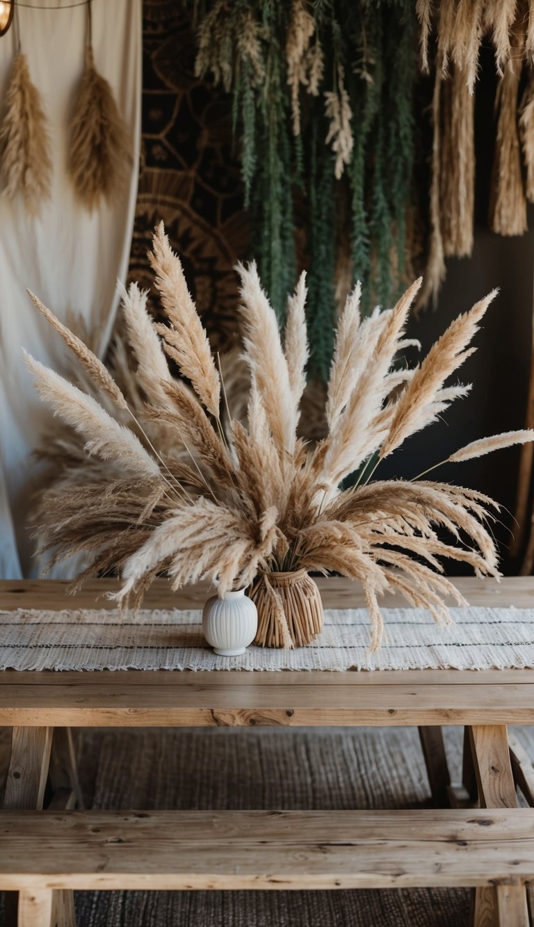 A rustic wooden table adorned with 10 wild, untamed Pampas grass flower arrangements, set against a backdrop of earthy, bohemian decor