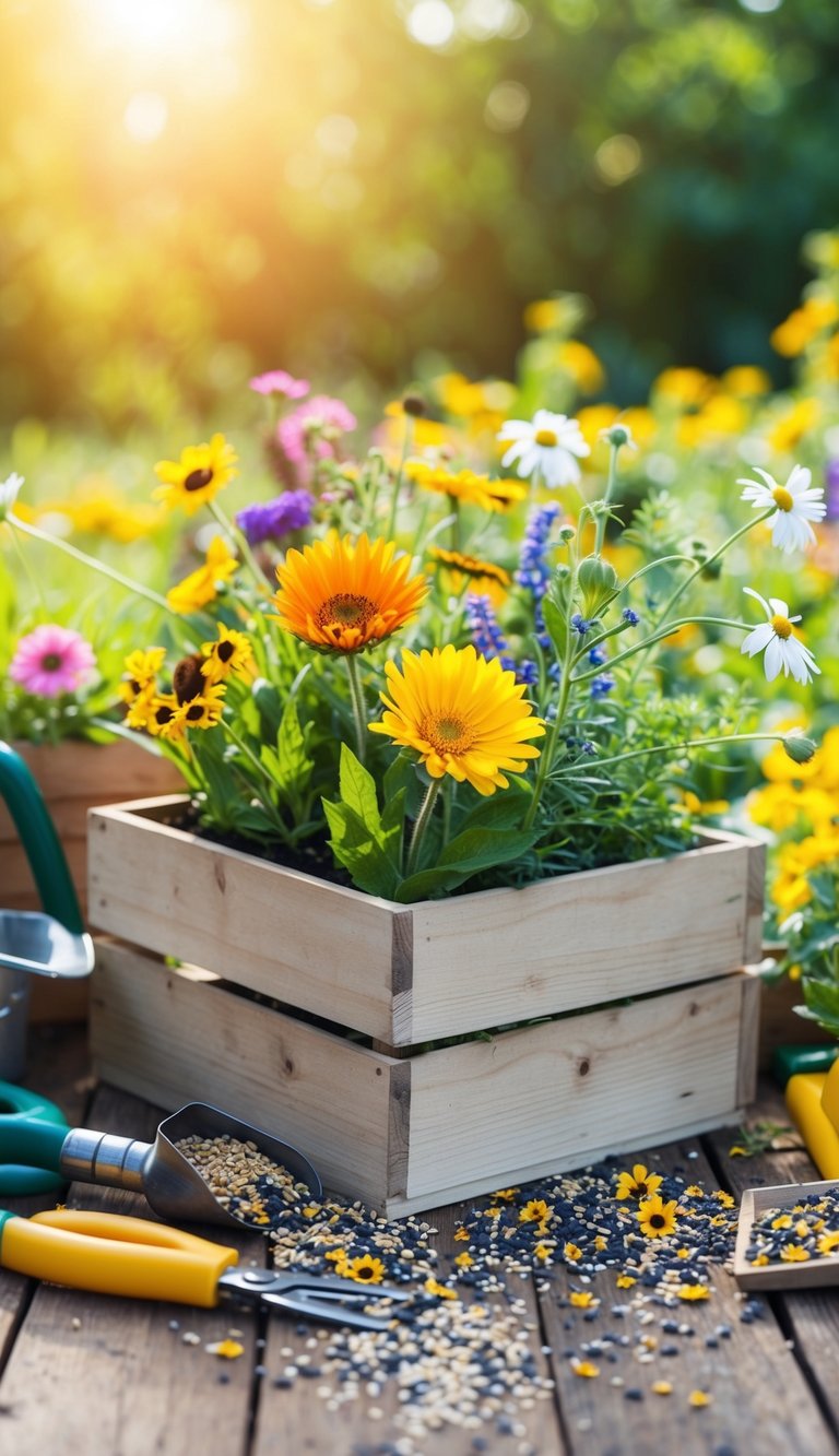 A wooden box filled with assorted wildflowers, surrounded by gardening tools and scattered seeds
