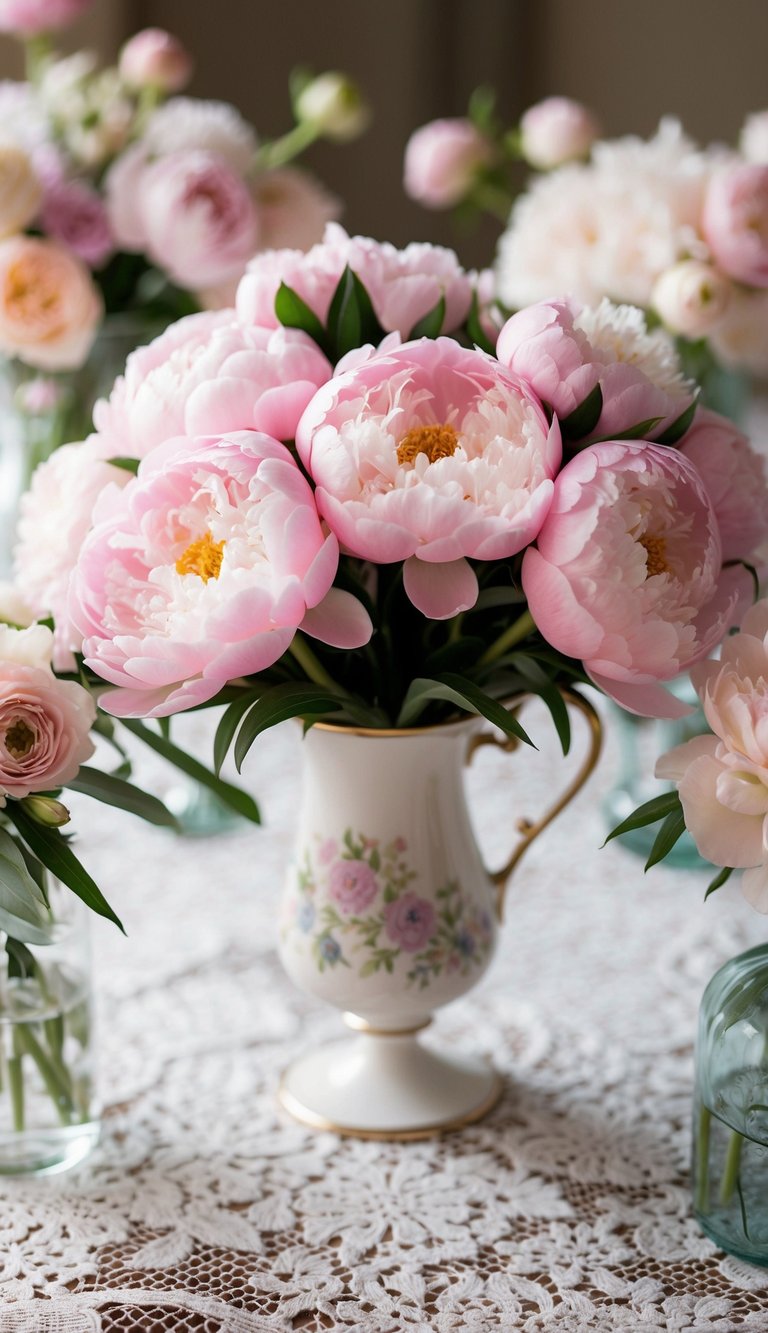 A bouquet of soft pink peonies arranged in a delicate vase on a lace tablecloth, surrounded by other pastel wedding flowers