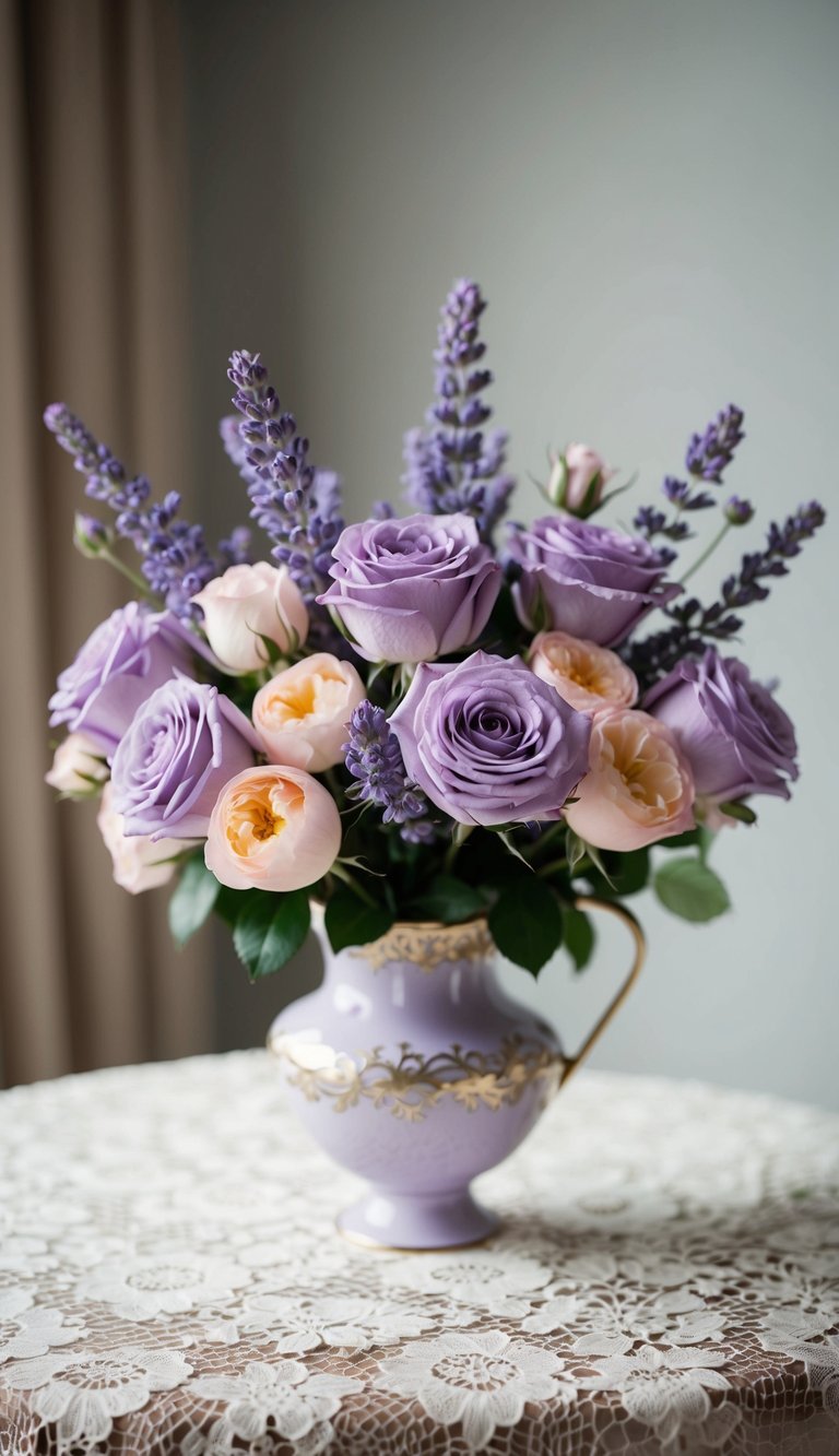 A bouquet of lavender roses and pastel flowers arranged in a delicate vase on a lace-covered table