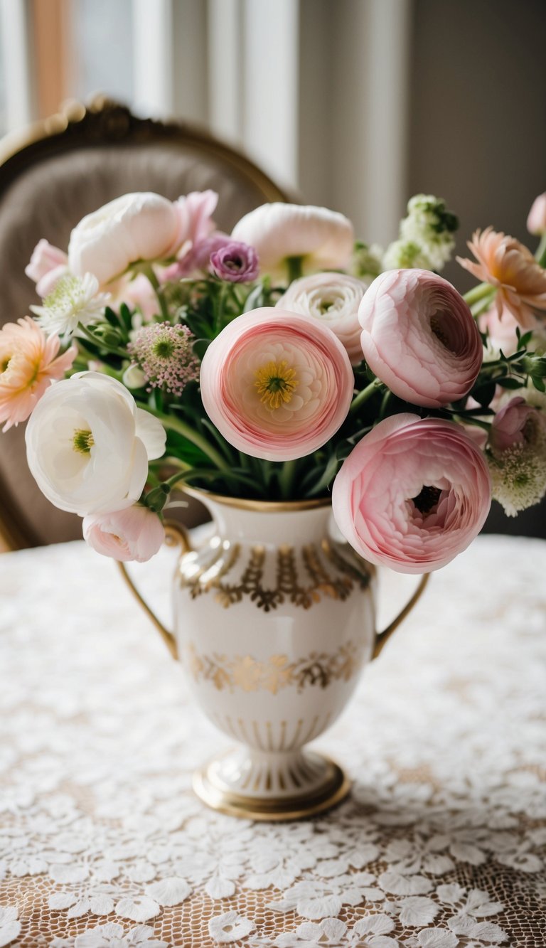 A delicate arrangement of blush ranunculus and other pastel wedding flowers in a vintage-inspired vase on a lace tablecloth