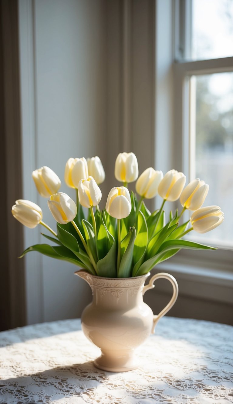 A soft, pastel bouquet of cream tulips arranged in a delicate vase on a lace-covered table. Sunlight filters through a nearby window, casting a warm glow on the flowers