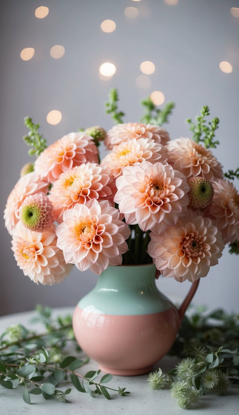 A bouquet of light coral dahlias arranged in a pastel-colored vase, surrounded by soft, delicate greenery
