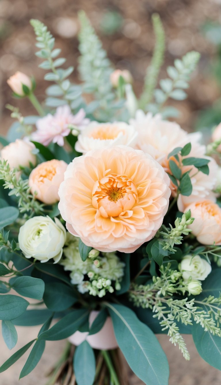 A pastel wedding flower bouquet with peach stock, surrounded by delicate greenery and soft, muted colors