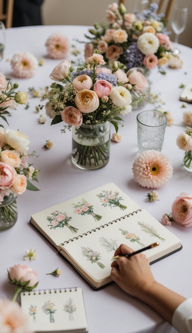 A table scattered with pastel flowers and a notebook filled with sketches of wedding bouquets