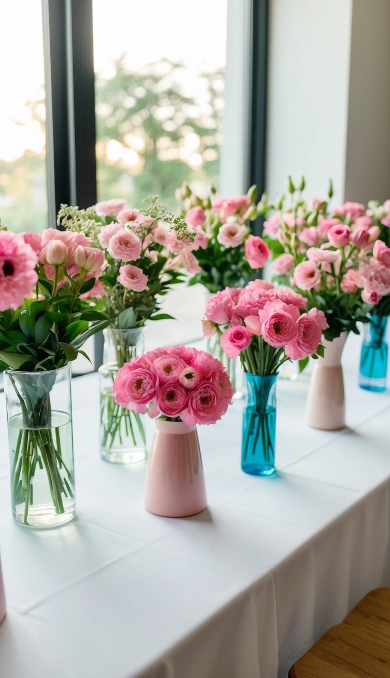 A table with 10 pink flower bouquets in various vases, arranged in a row, with natural light streaming in from a nearby window