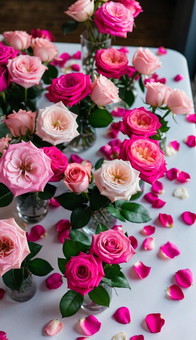 A table scattered with 10 different pink rose bouquets, varying in size and arrangement, surrounded by scattered rose petals