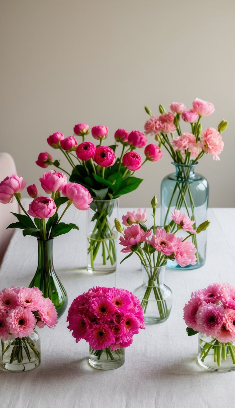 A table with 10 different pink flower bouquets arranged in glass vases of various shapes and sizes, set against a soft, neutral backdrop