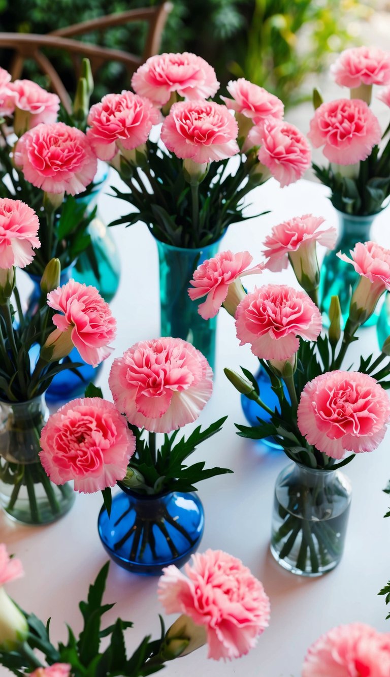 A table with 10 pink carnation bouquets in various vases, surrounded by greenery and natural light