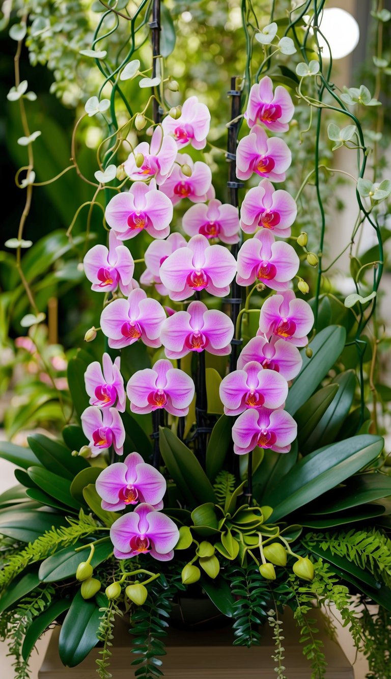 A lush oasis of pink orchids surrounded by green foliage and delicate vines, creating a serene and elegant bouquet