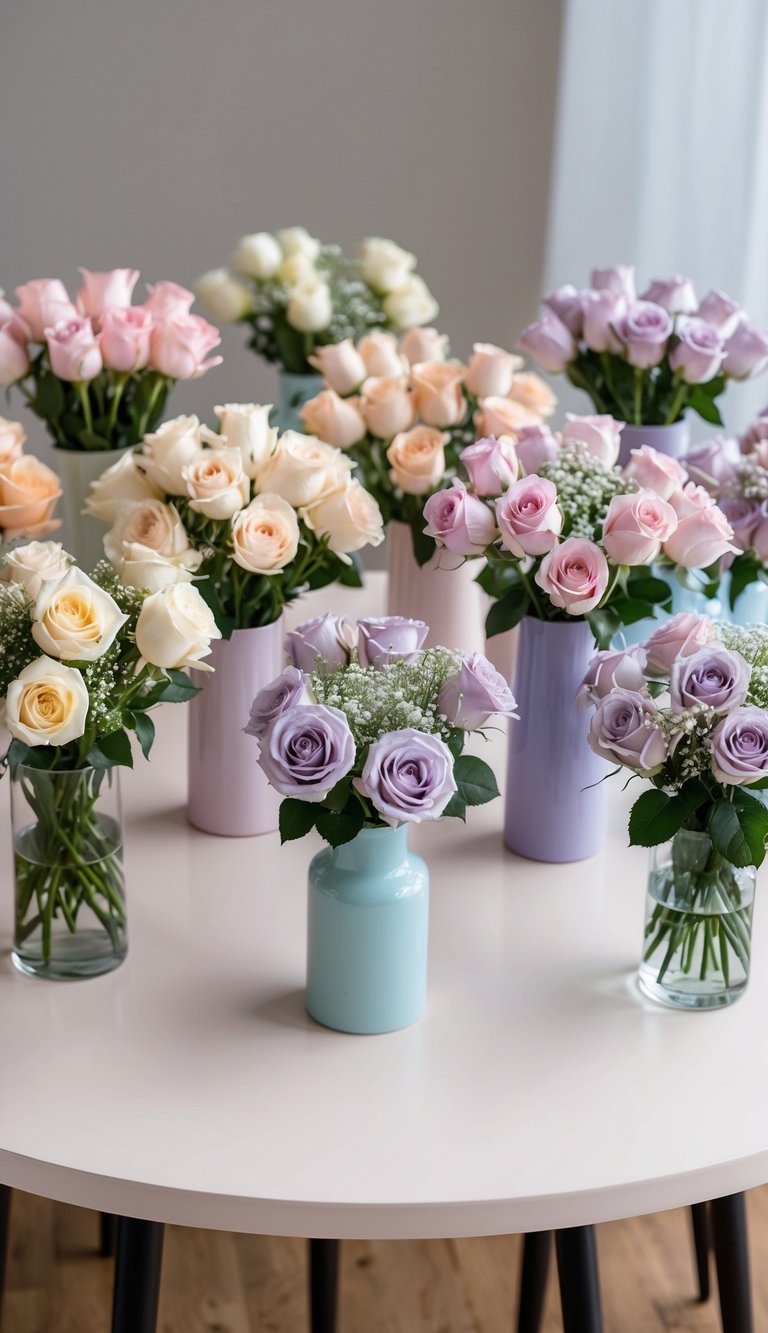 A table with 10 pastel rose bouquets in various vases, arranged in a gradient from light pink to soft lavender, with greenery and baby's breath