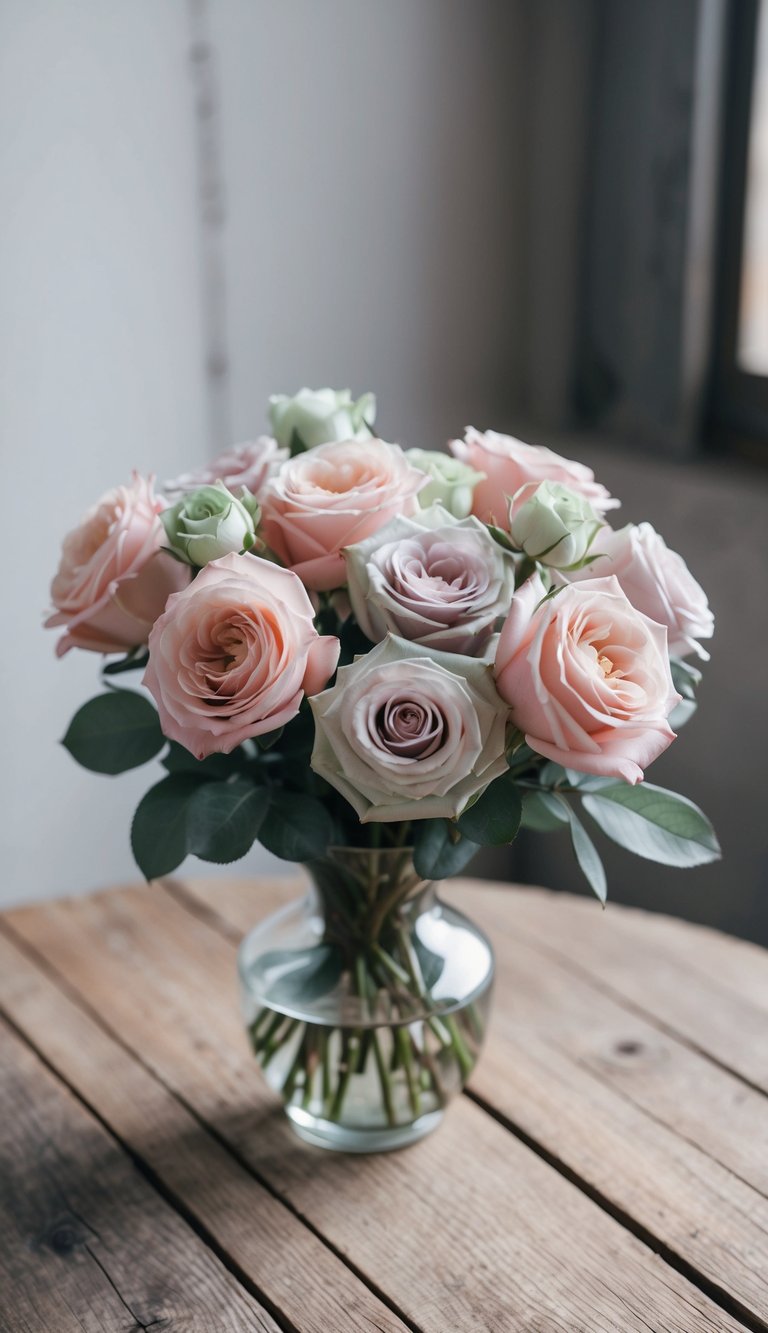 A delicate bouquet of blush and sage pastel roses arranged in a glass vase on a rustic wooden table