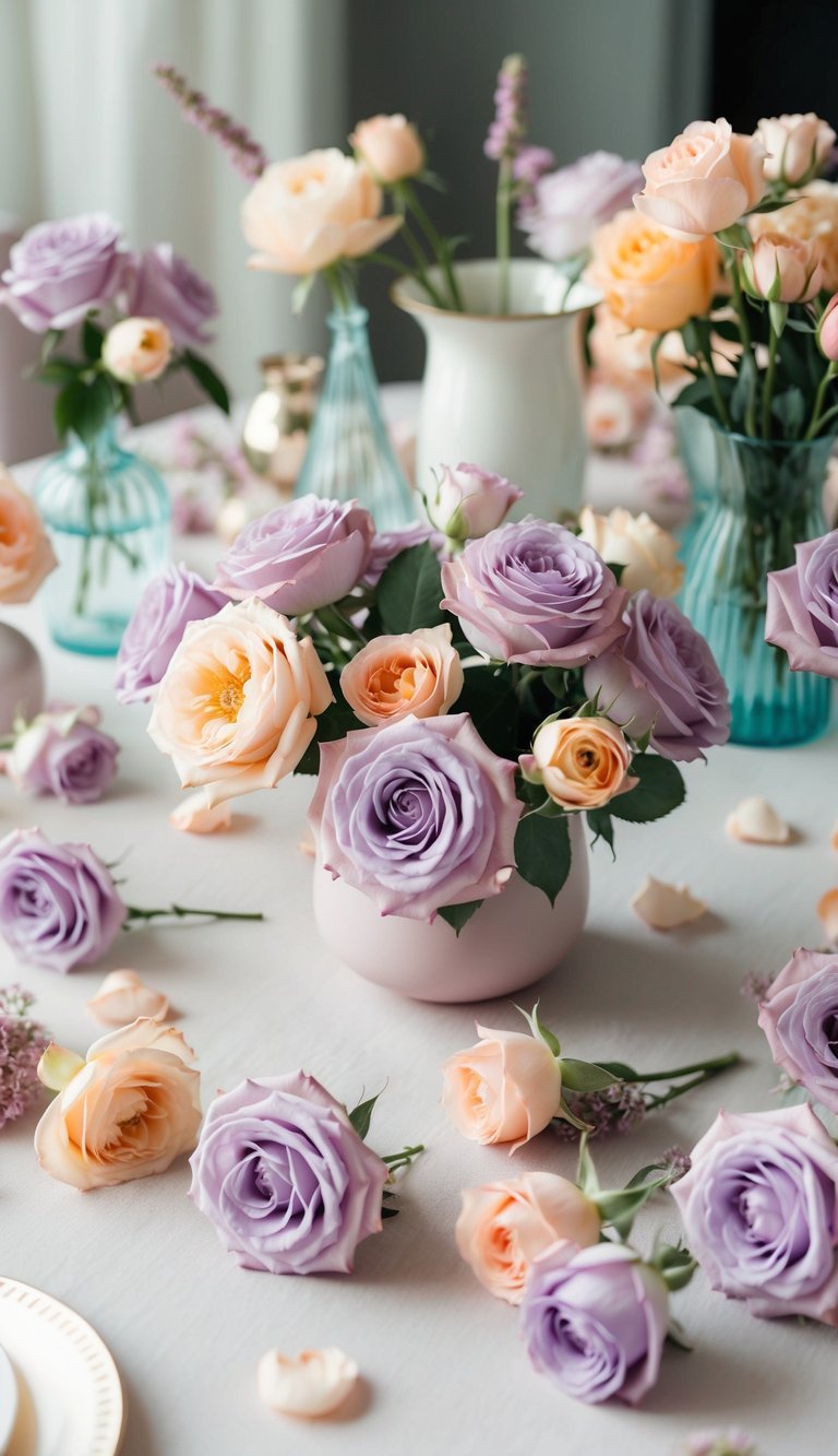 A table with scattered pastel roses in lilac and peach hues, surrounded by various decorative elements and vases, serving as inspiration for bouquet ideas