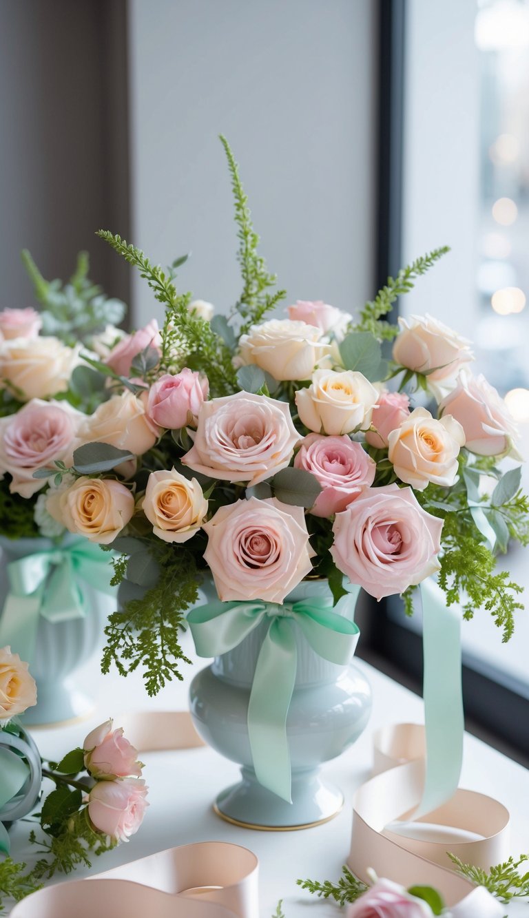 A vase filled with pastel roses, accented with mint green foliage and ribbons, arranged in various bouquet styles