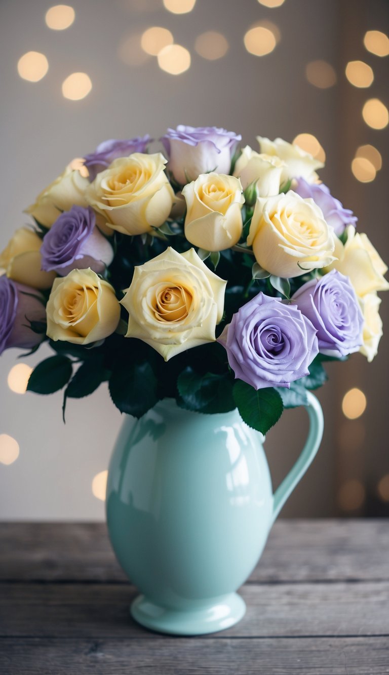 A vase filled with pastel roses in soft yellow and lavender hues, arranged in various bouquet ideas