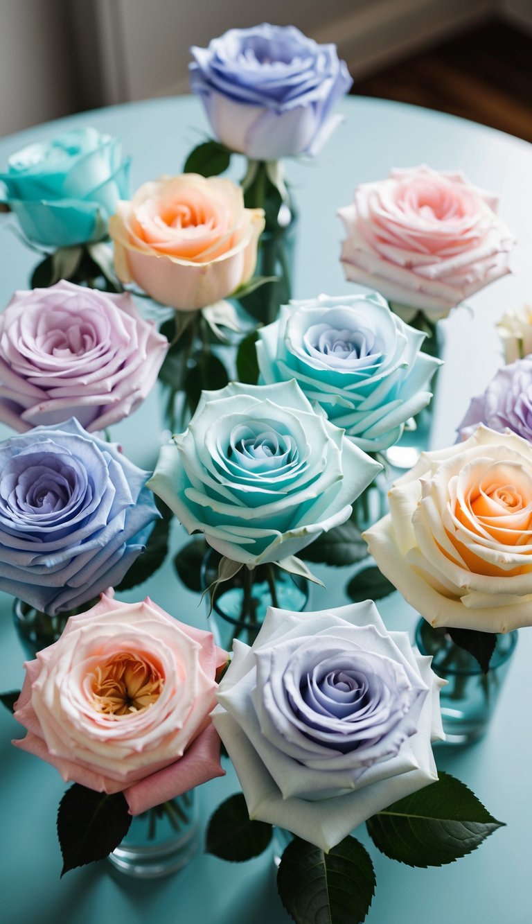 A table with 10 pastel rose bouquets in various shades of sky blue