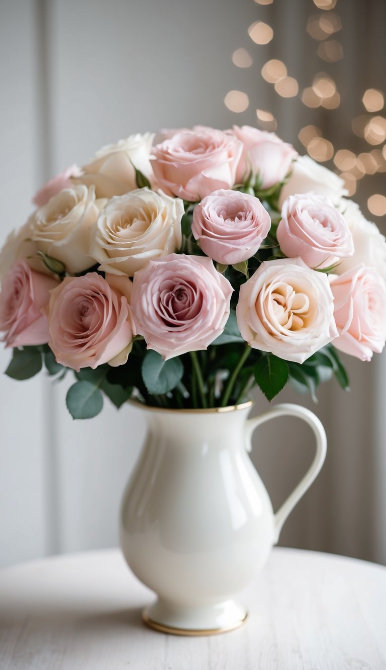 A vase filled with pastel roses in shades of powder pink, arranged in an elegant and delicate bouquet