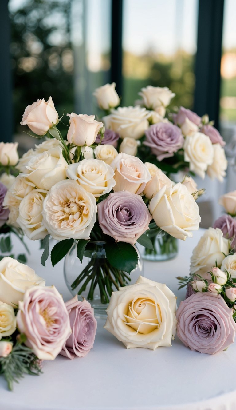 A table adorned with pastel roses in ivory and mauve hues, arranged in various bouquet ideas