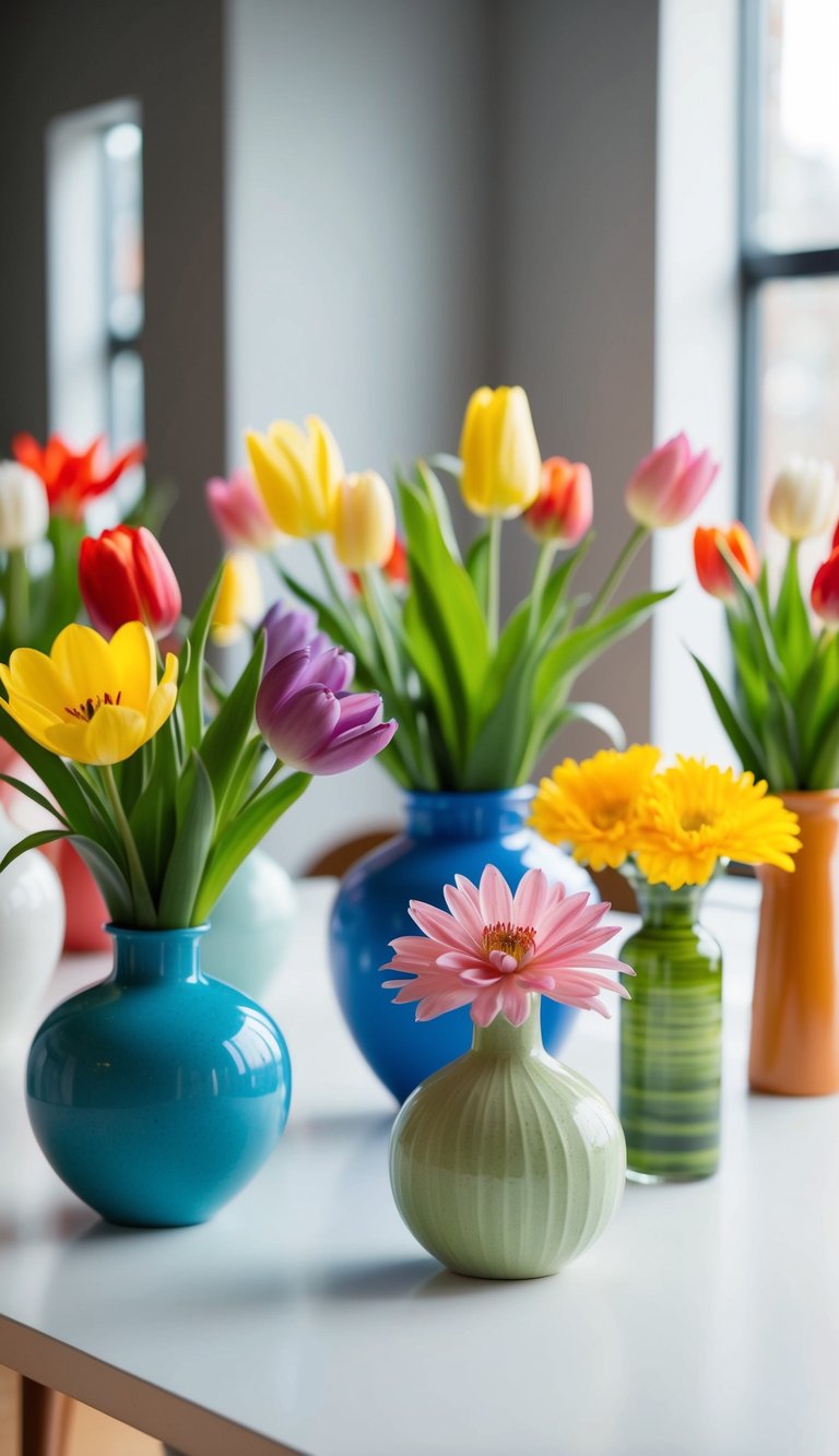 A table with 10 colorful spring flower arrangements in various vases