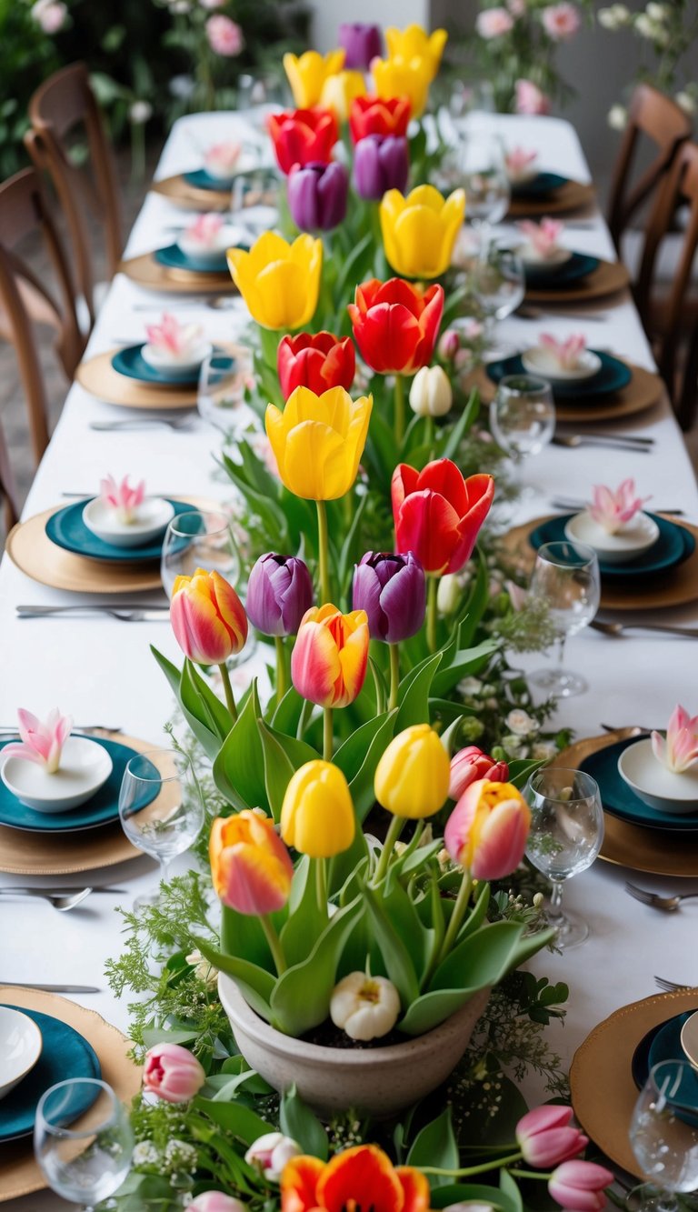 A table adorned with 10 vibrant tulip arrangements in various colors and sizes, surrounded by fresh greenery and delicate spring blossoms