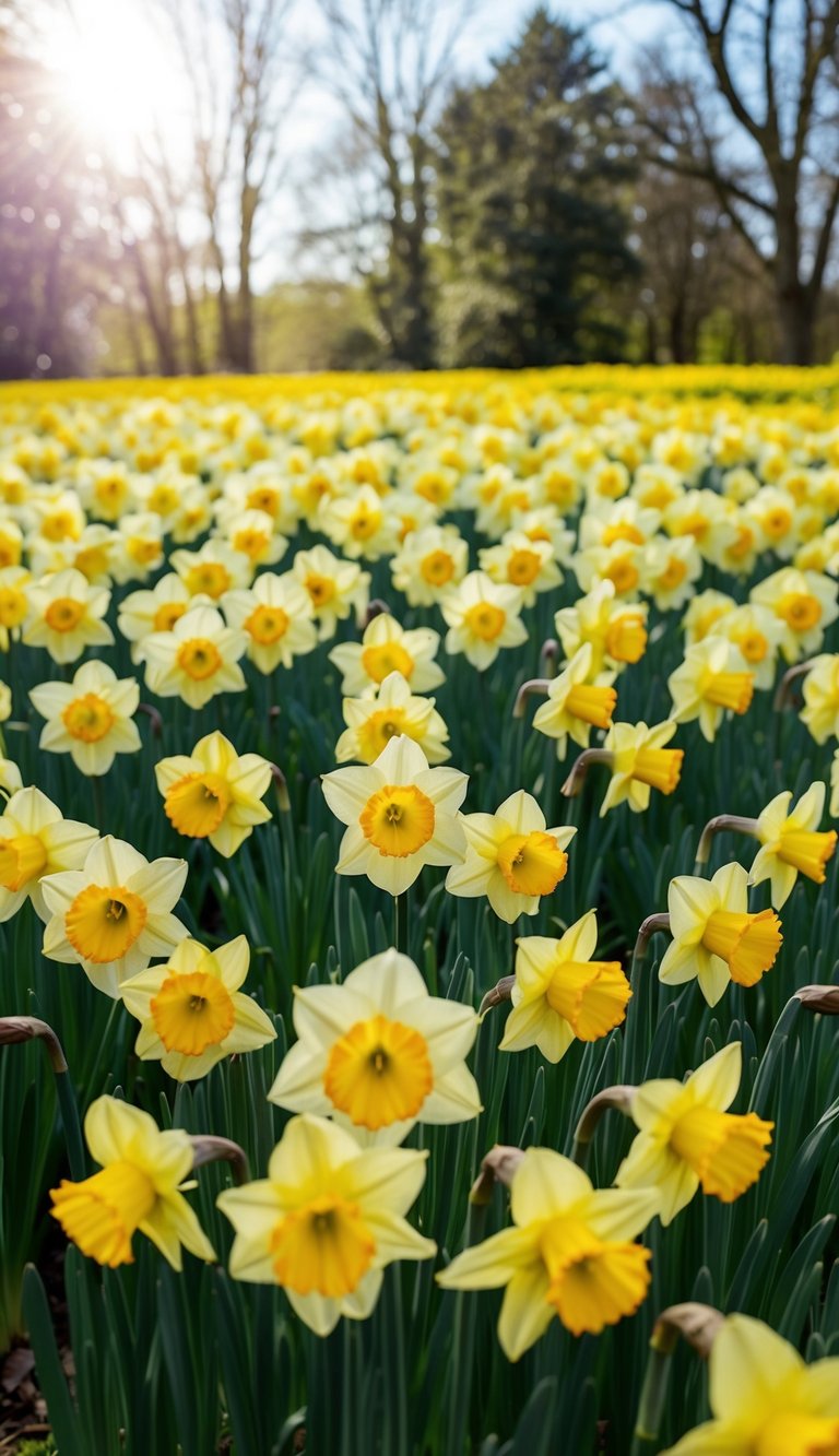 A lush field of daffodils in full bloom under a bright spring sun