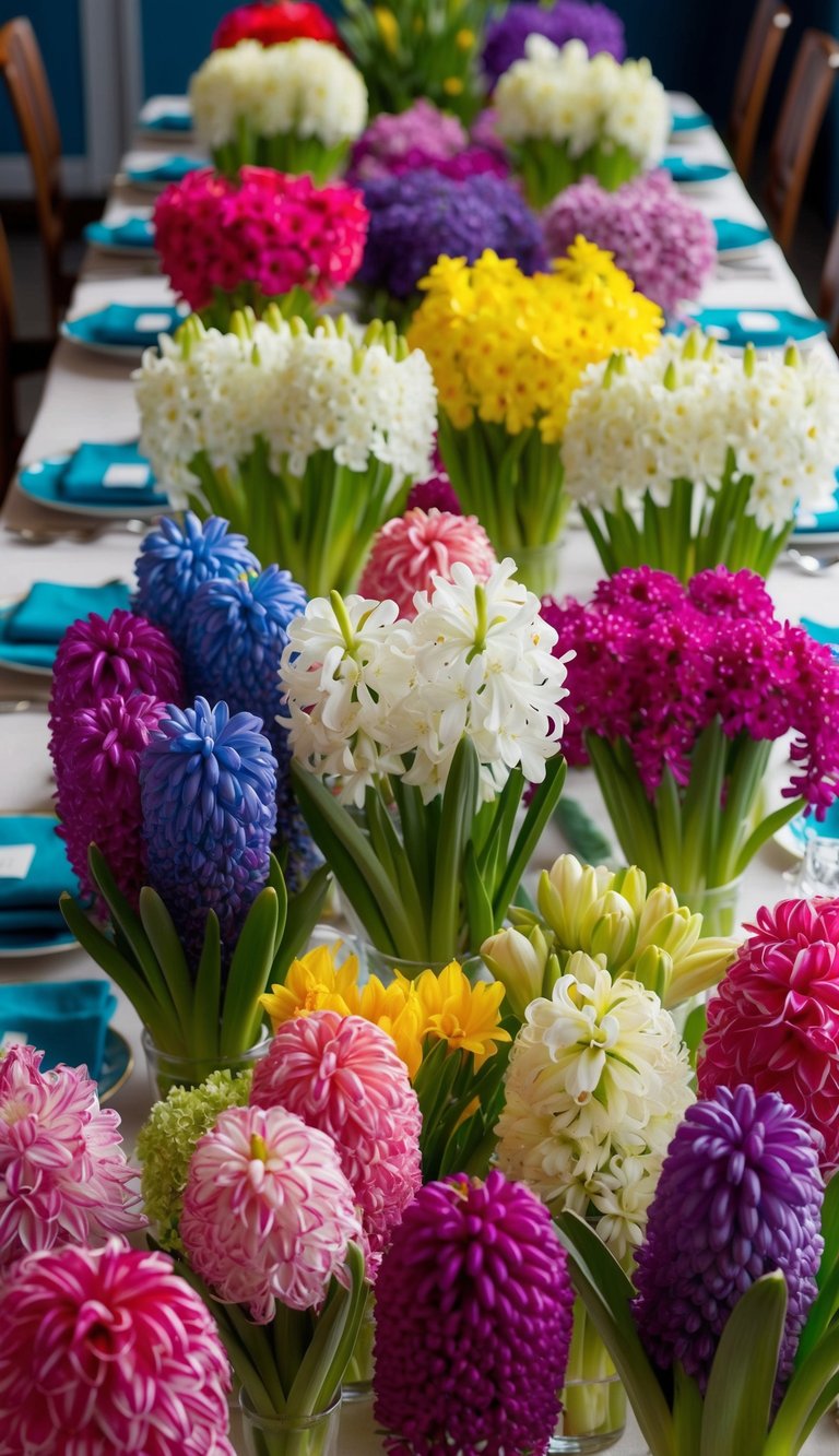 A table adorned with 10 vibrant spring flower arrangements, featuring an abundance of hyacinths in various hues, creating a harmonious and colorful display