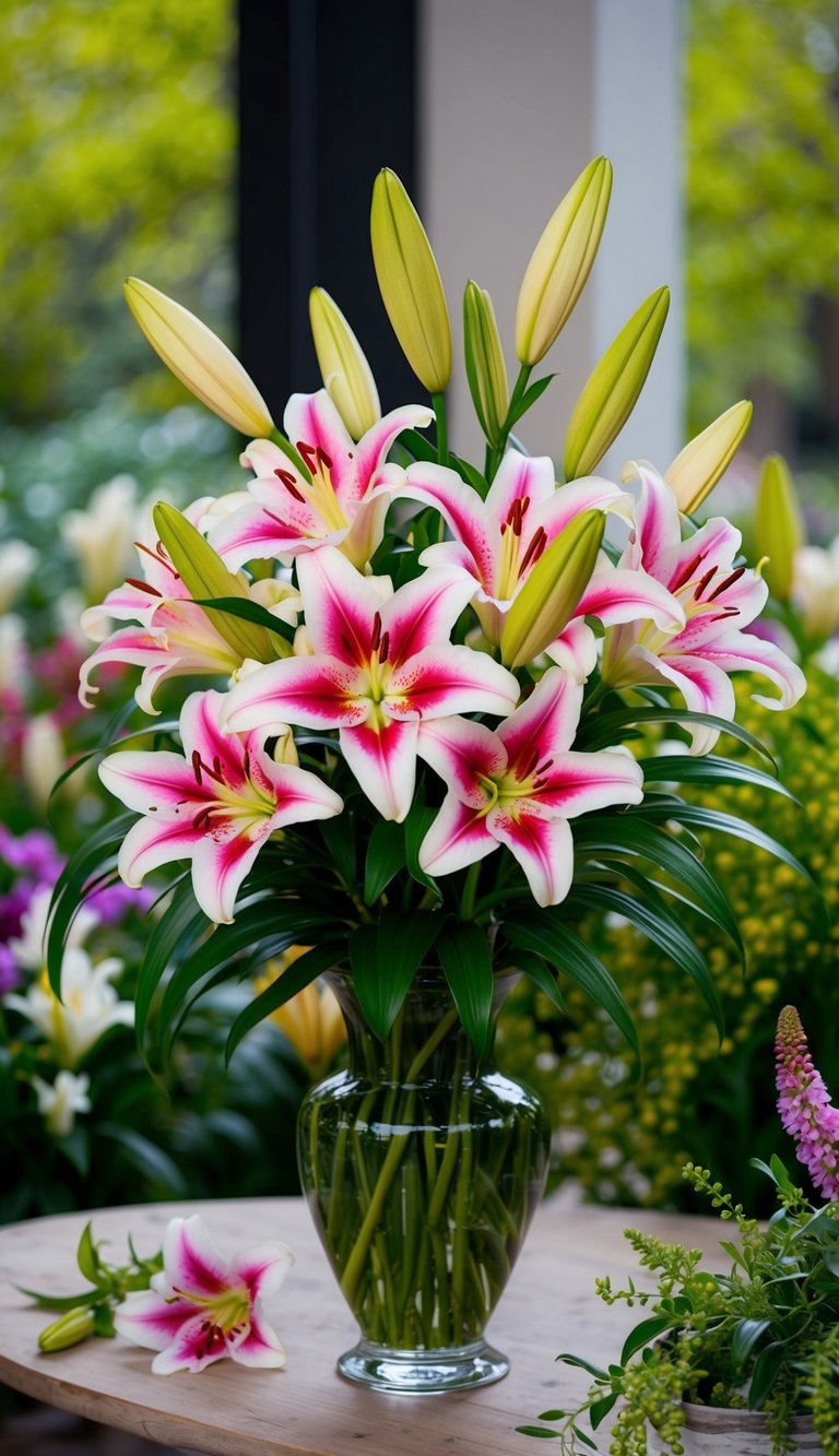 A vase filled with vibrant lilies surrounded by green foliage and other spring blooms