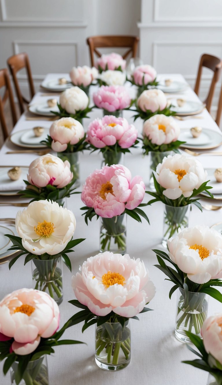 A table adorned with ten exquisite spring flower arrangements, each featuring perfect peonies in full bloom