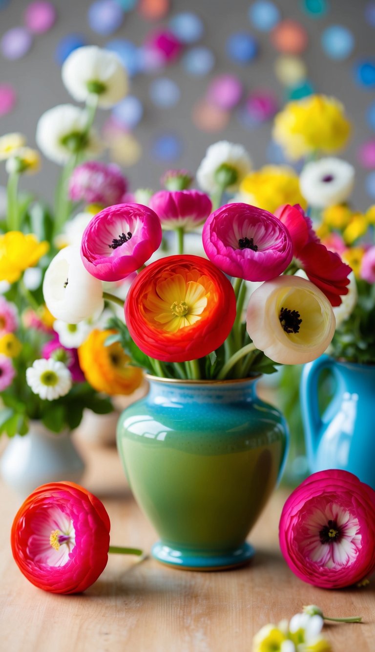 A vase filled with vibrant ranunculus, surrounded by other spring flowers in a bright and cheerful arrangement