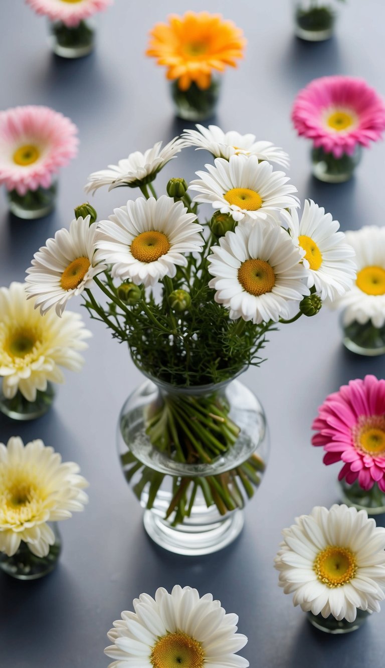 A glass vase holds a bouquet of delicate daisies, surrounded by nine other spring flower arrangements