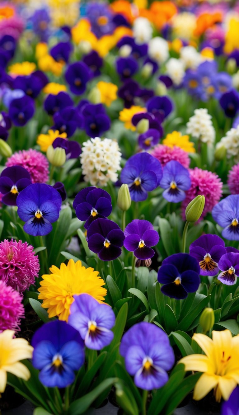 A colorful array of violets and other spring flowers arranged in a vibrant and lively display