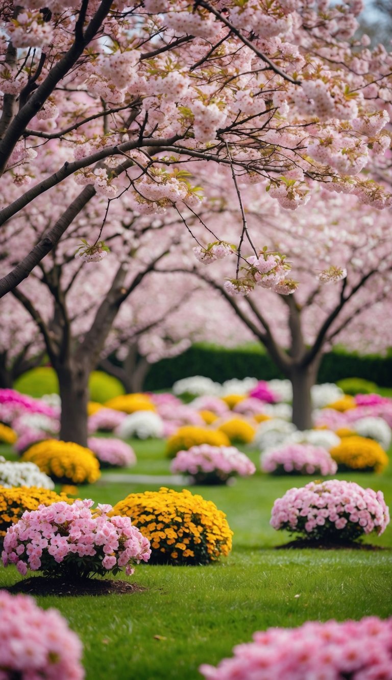 A peaceful garden with cherry blossom trees in full bloom, surrounded by vibrant spring flower arrangements