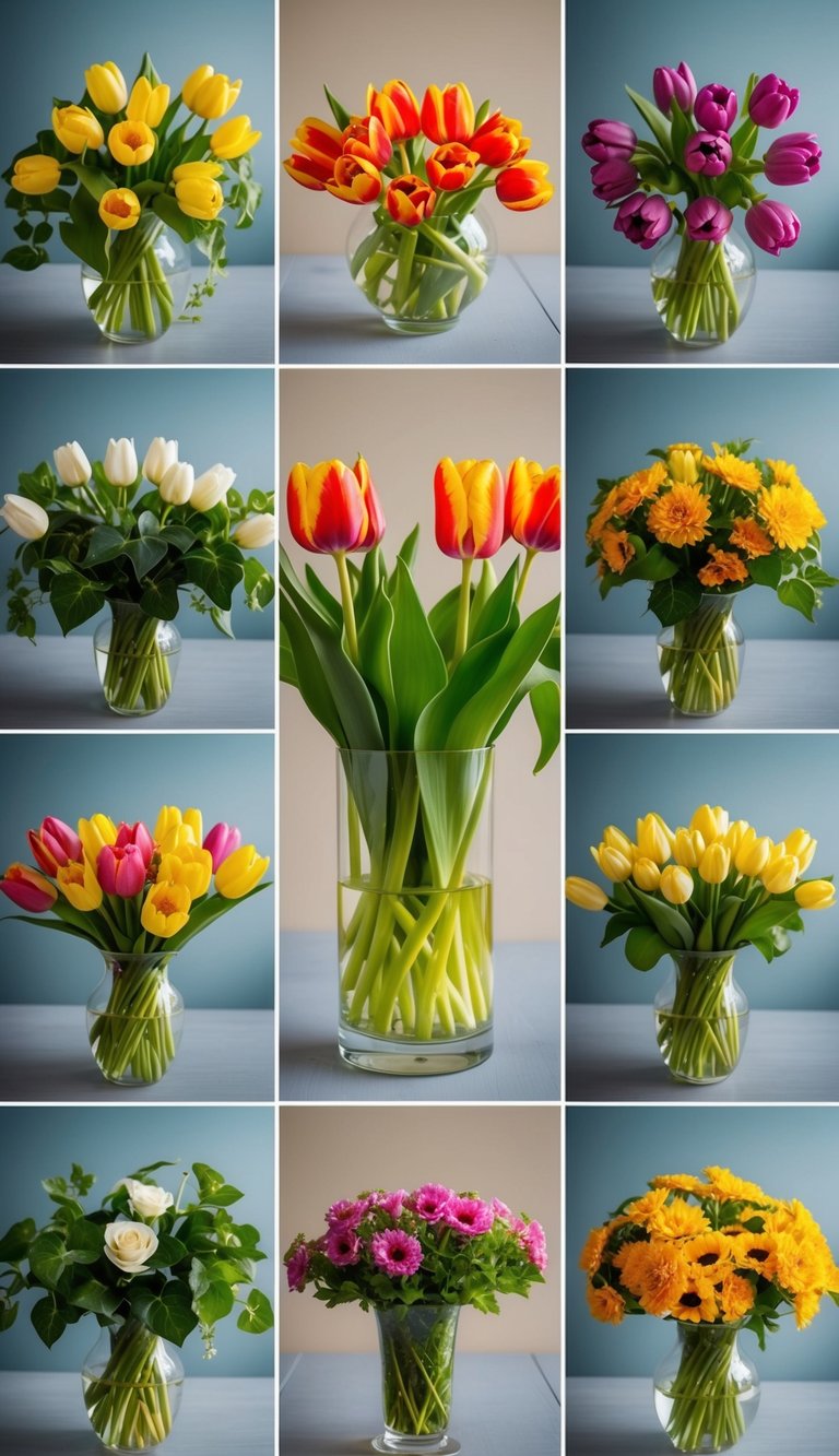 A glass vase holds a vibrant arrangement of tulips and ivy, surrounded by nine other summer flower arrangements