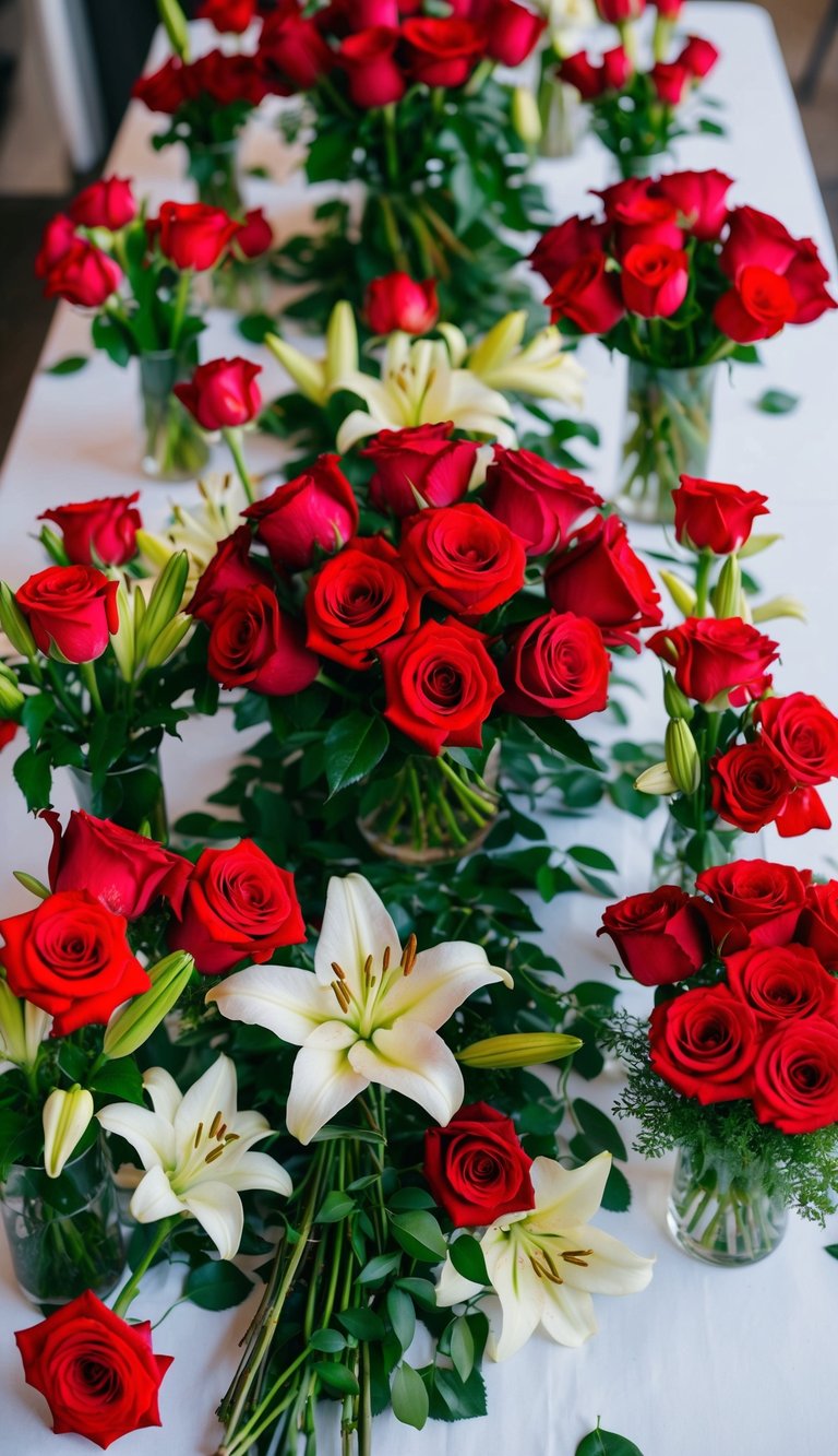 A table covered in vibrant red roses and lilies, arranged in various bouquets, with green leaves and stems scattered around