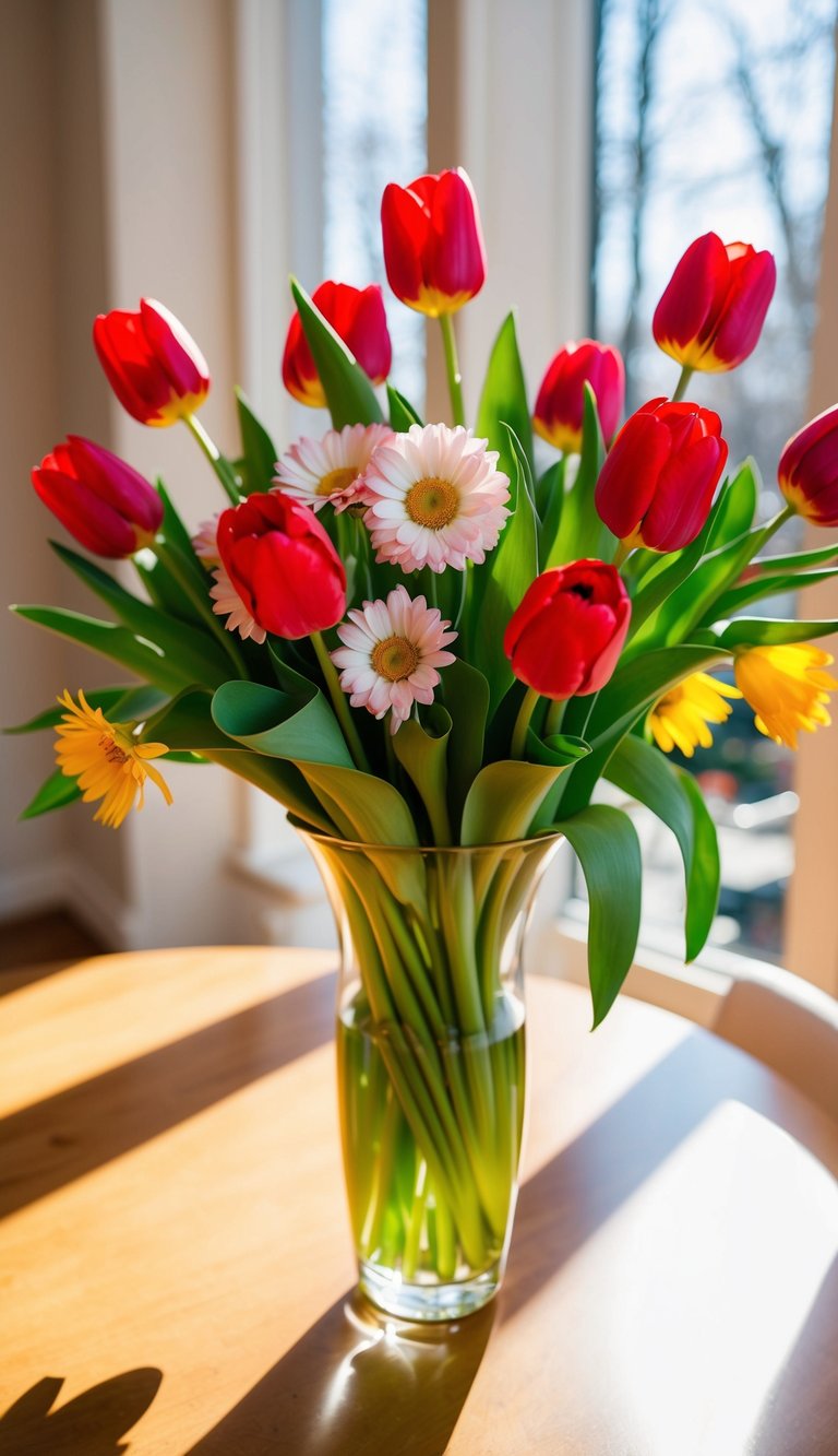 A vibrant bouquet of red tulips and daisies arranged in a glass vase on a sunlit table