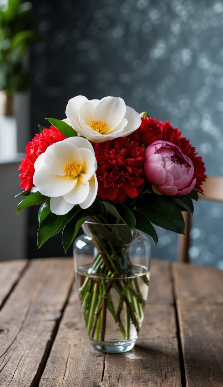 A lush gardenia and peony bouquet, with vibrant red flowers arranged in a glass vase on a rustic wooden table