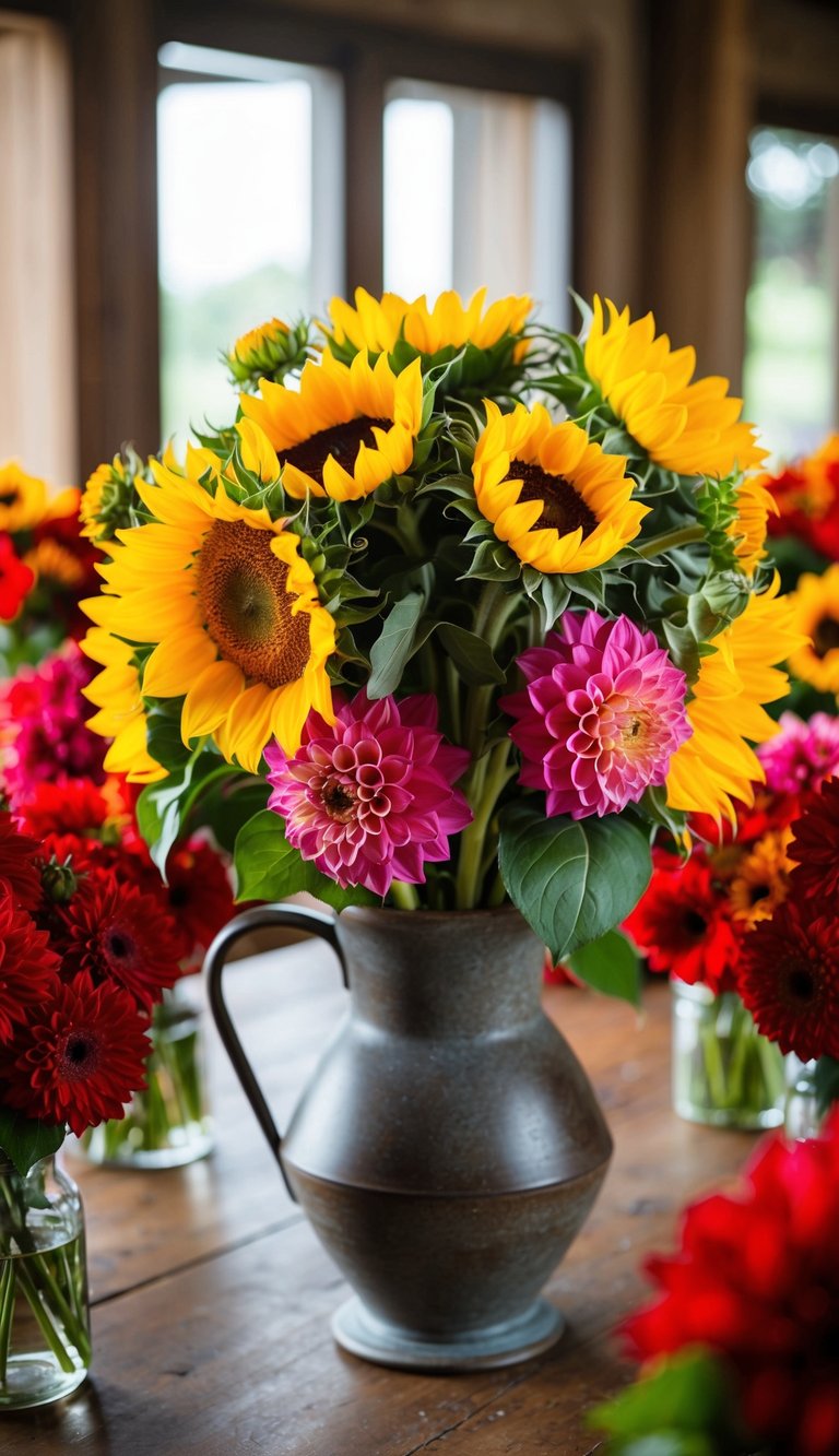 A vibrant bouquet of sunflowers and dahlias in a rustic vase on a wooden table, surrounded by other red flower arrangements