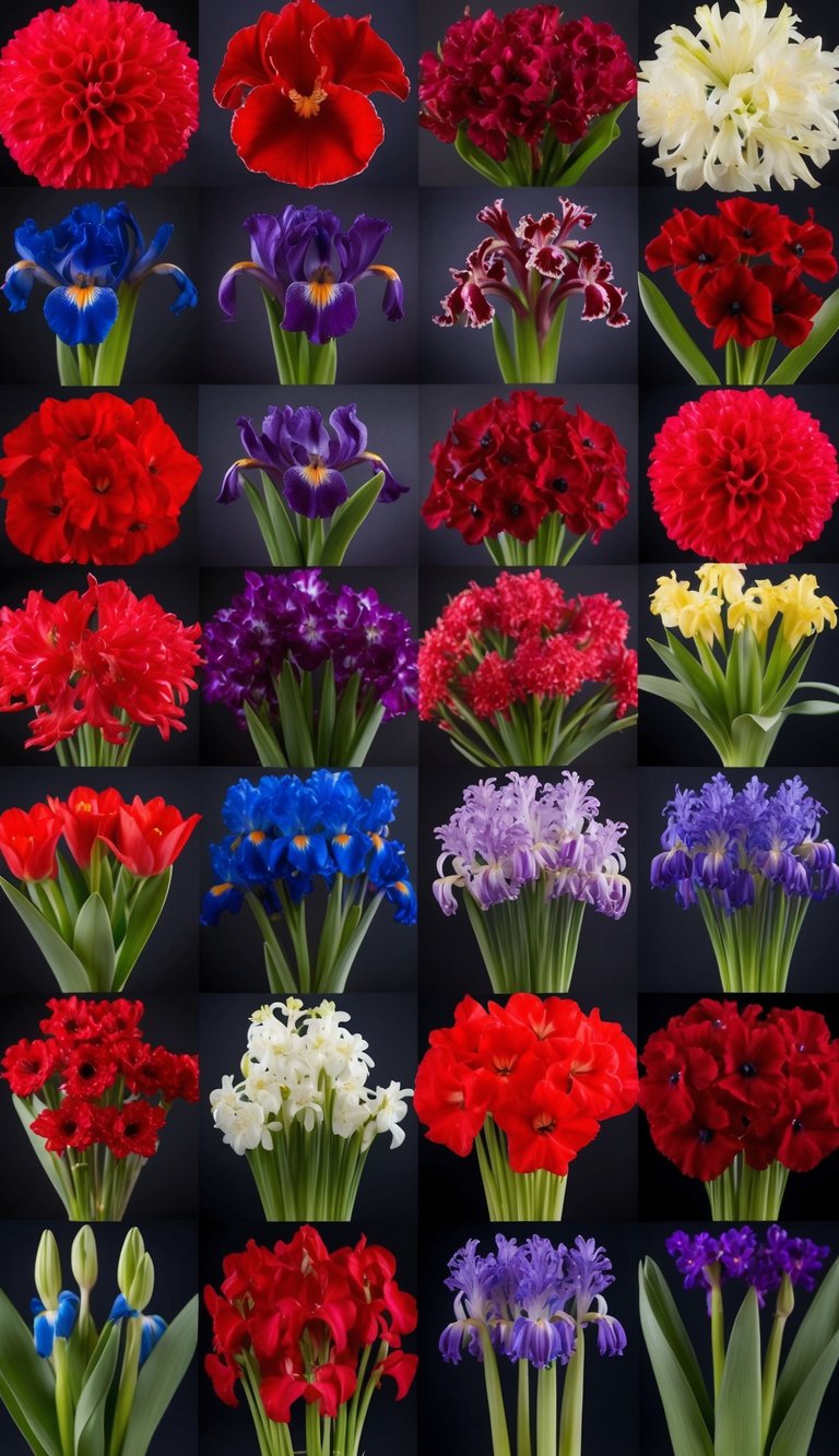 A vibrant mix of red irises and hyacinths arranged in a variety of elegant bouquets