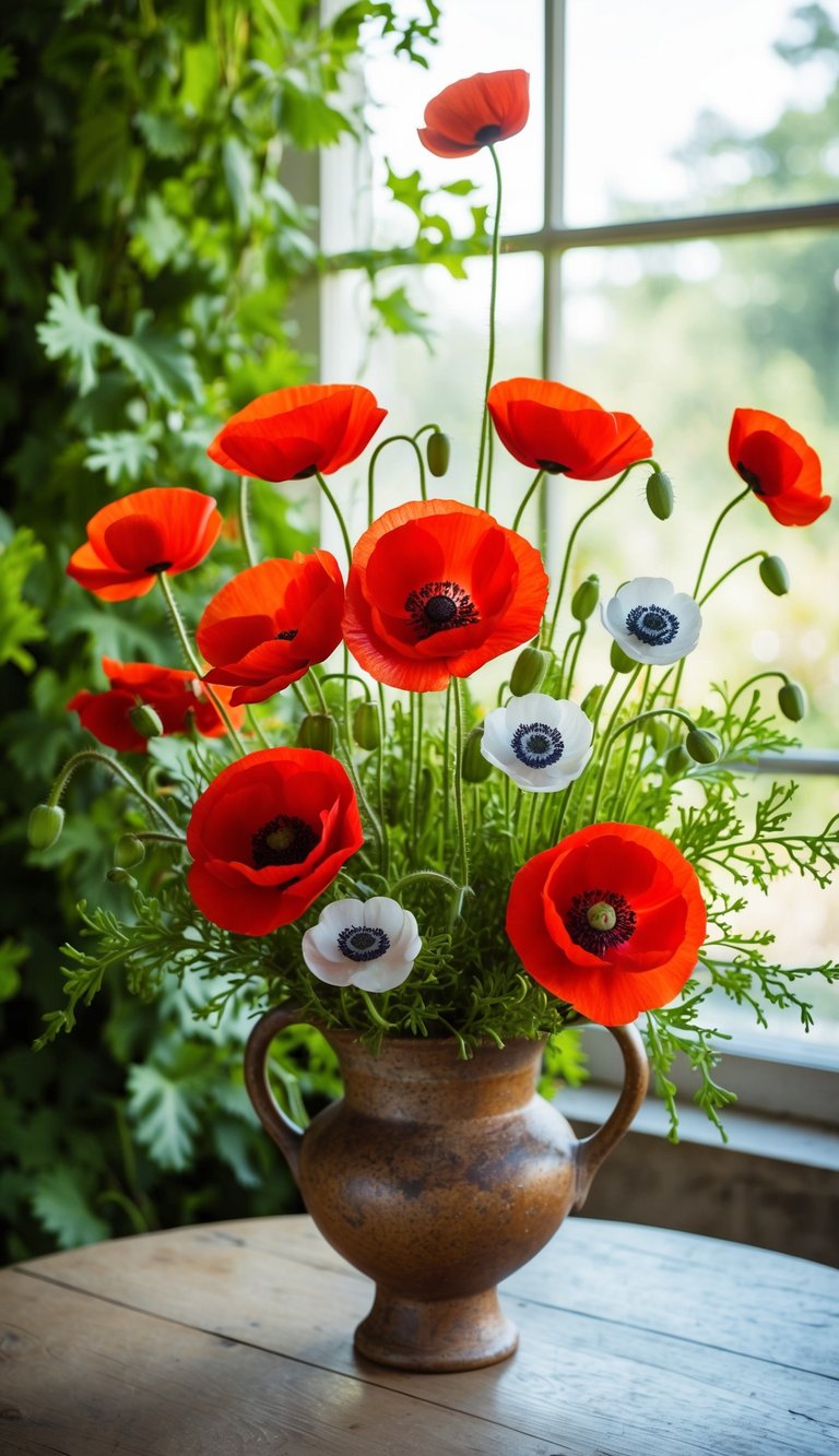 A vibrant arrangement of red poppies and anemones in a rustic vase, set against a backdrop of green foliage and sunlight streaming through a window