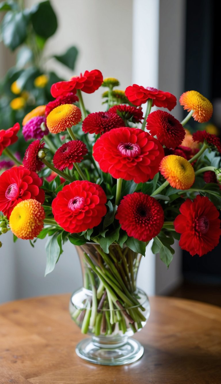 A vase filled with vibrant red ranunculus and zinnia flowers arranged in a stunning bouquet