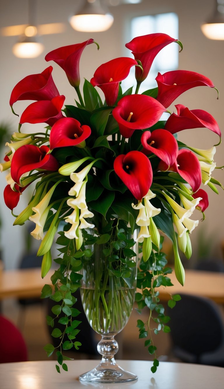 A vibrant bouquet of red Calla Lilies and Freesias arranged in a tall glass vase, with green leaves and stems cascading down