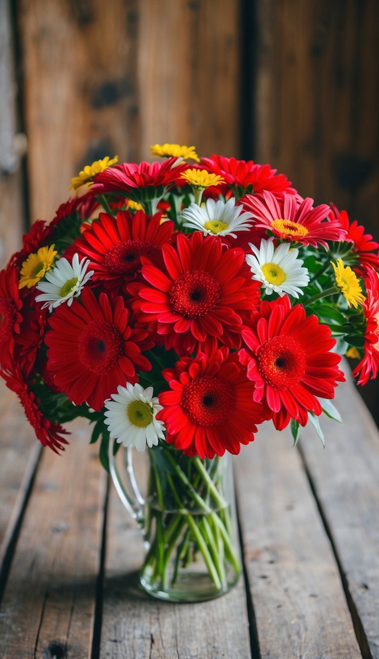 A vibrant bouquet of red chrysanthemums and gerbera daisies arranged in a glass vase on a rustic wooden table