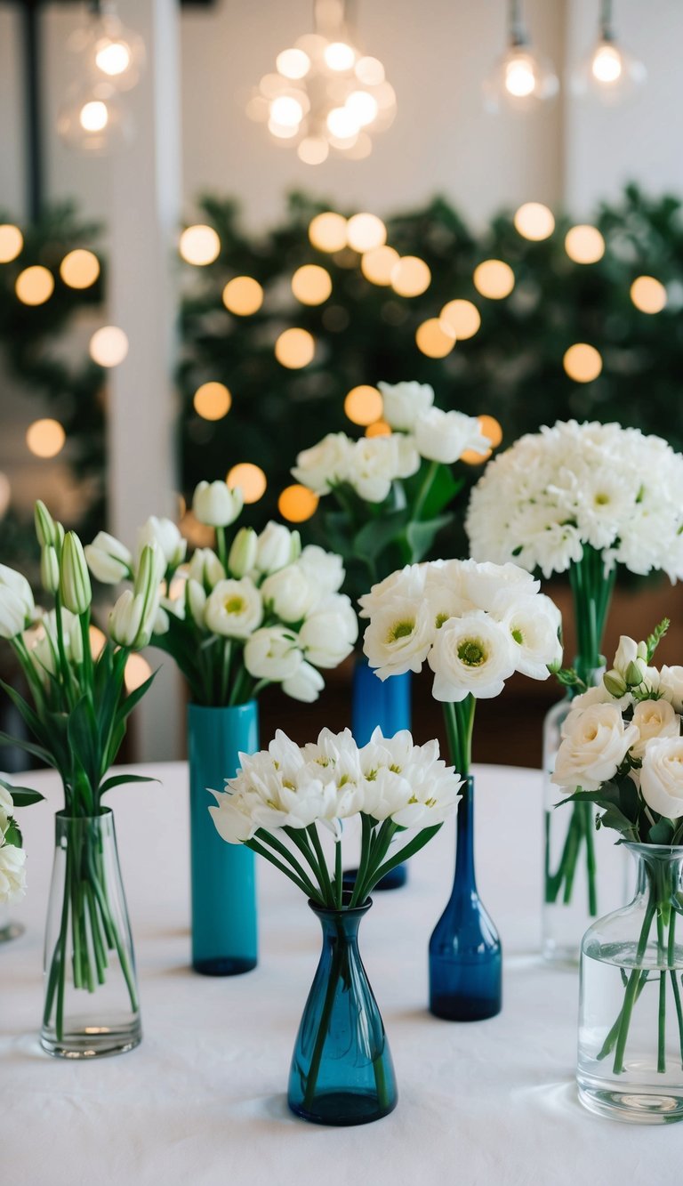 A table with 10 unique white flower bouquets in various vases