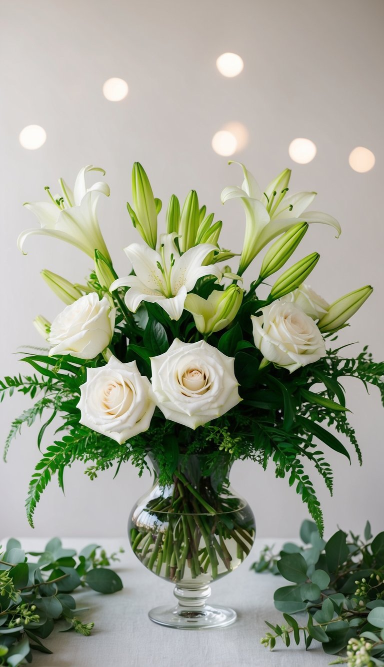 A glass vase holds a mix of white roses and lilies, surrounded by lush greenery, set against a soft, neutral backdrop