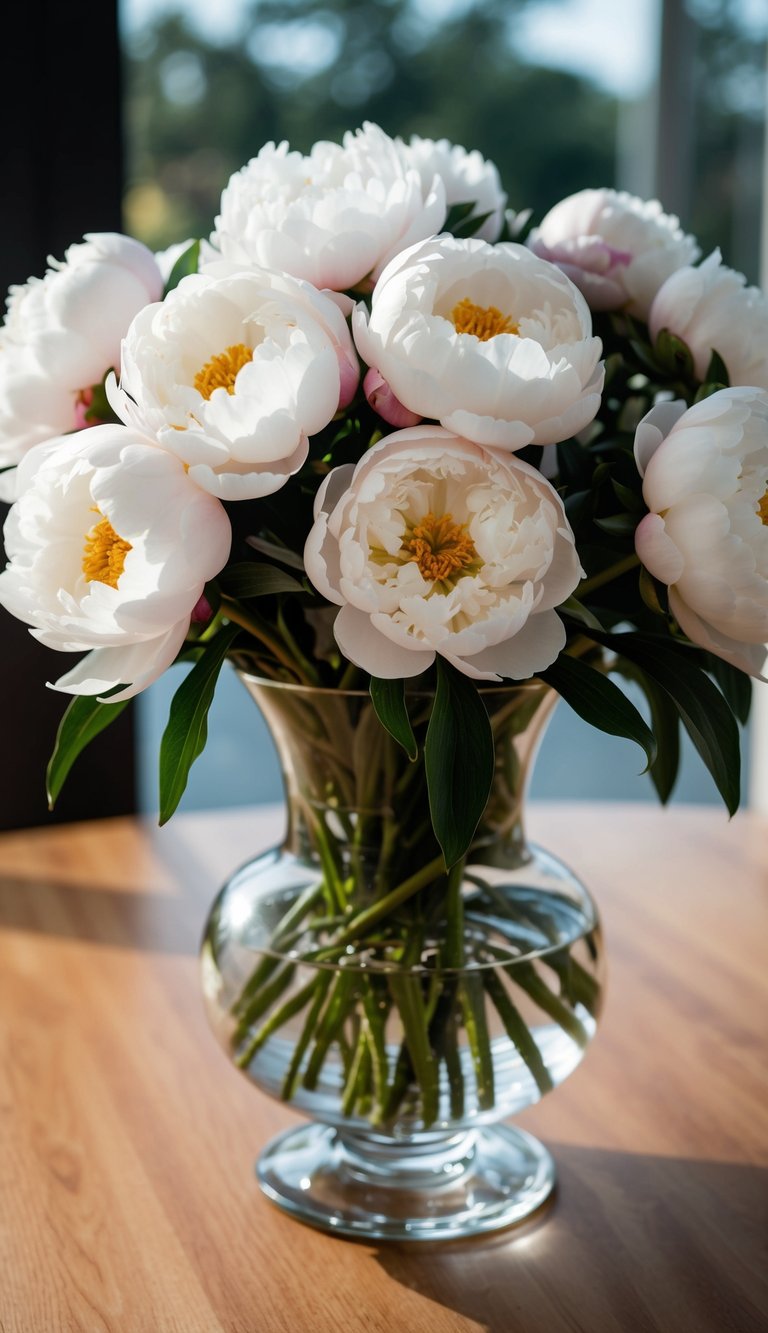 A glass vase holds 10 white peonies in full bloom, arranged in a classic, elegant bouquet