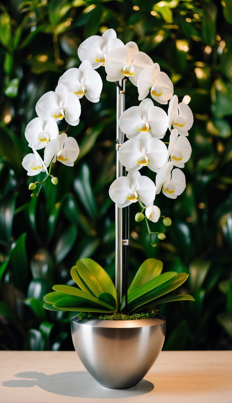 A sleek, modern vase holds a stunning arrangement of 10 white orchids, set against a backdrop of lush green foliage