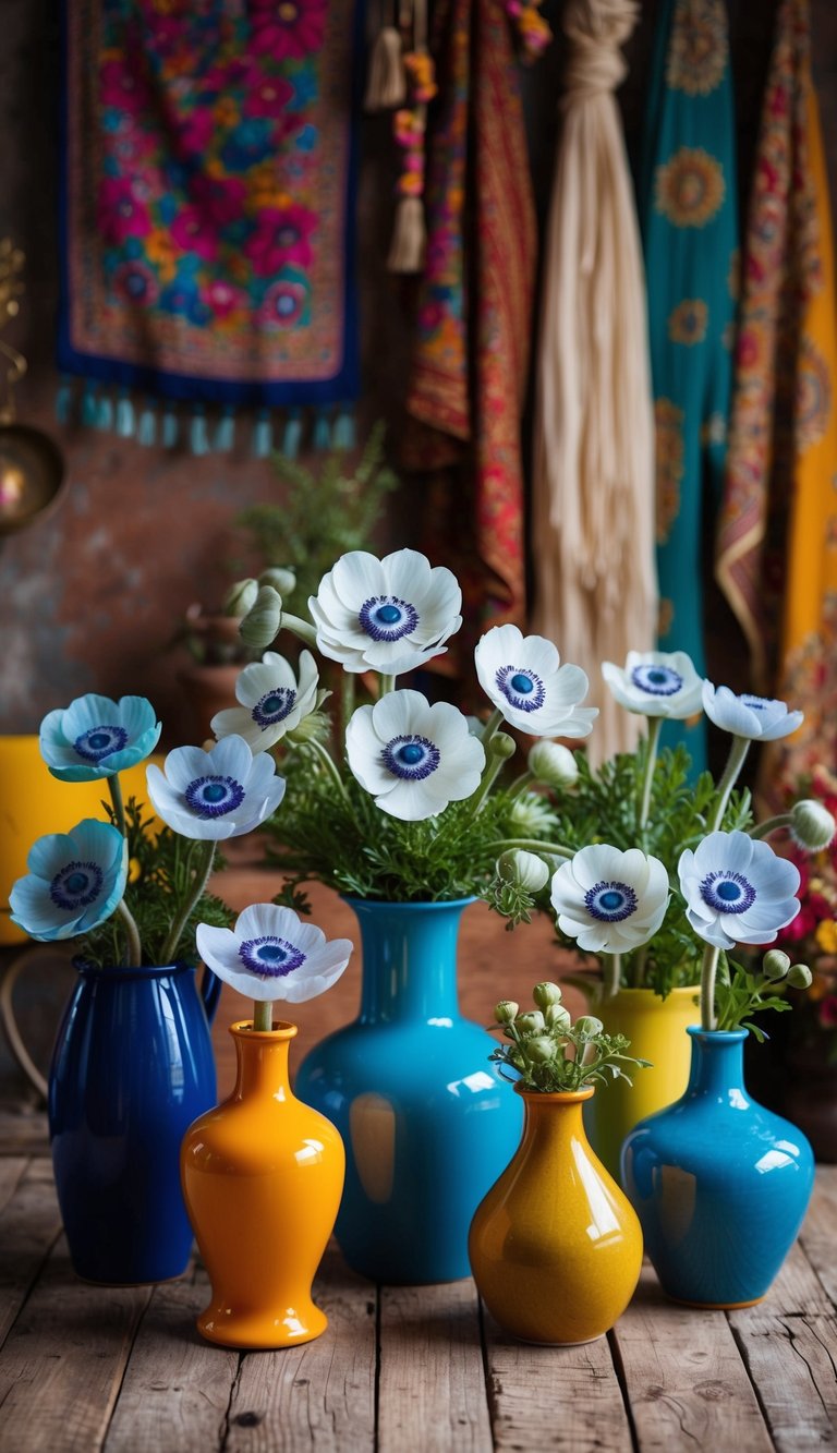 A colorful array of anemones in a variety of vases, set against a rustic, bohemian backdrop of vintage fabrics and eclectic decor