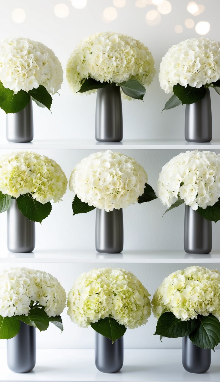 A table with 10 different white hydrangea bouquets in modern vases, arranged against a clean, white background